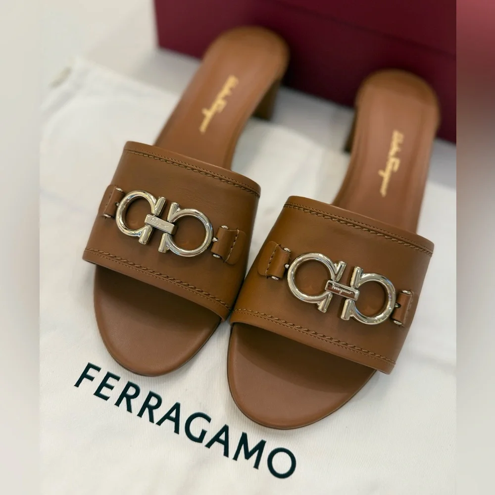 Salvatore Ladies‎ Brown Rhodes Gancini Heel Sandals, Size 9.5 - Picture 8 of 13